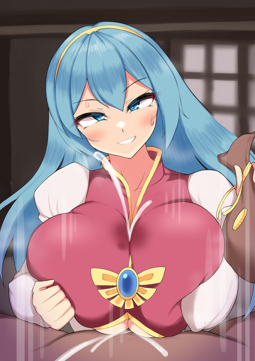 1boy 1girl absurdres blue_eyes blue_hair blush breasts breasts_squeezed_together breath clothed_paizuri coins cum cum_on_body cum_on_breasts cum_on_clothes cum_on_upper_body cum_stain dress ejaculation estpolis_denki eye_contact gem hairband hetero highres holding jewelry large_breasts long_hair looking_at_another looking_at_viewer lufia merchant money money_bag motion_lines naughty_face okera_mushi paizuri paizuri_under_clothes parted_lips pov puffy_sleeves smile smug steam sweat tia_(estpolis_denki)