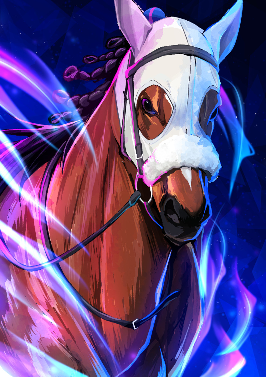 animal_focus aura braid bridle highres horse looking_at_viewer meisho_tabaru_(racehorse) no_humans real_life reins ruisuke tagme