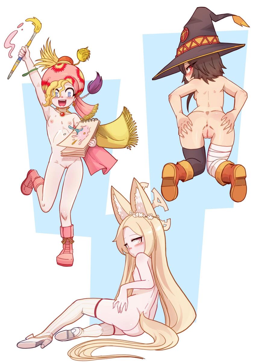 3girls animal_ears anus arm_above_head arm_up ass asymmetrical_legwear bandaged_leg bandages black_thighhighs blonde_hair blue_archive blue_background blue_eyes boots brown_hair brown_hat closed_mouth collarbone crossover dot_mouth embarrassed feet_up female_focus final_fantasy final_fantasy_vi flat_chest fox_ears fox_girl from_behind full_body grabbing_own_ass halo hat high_heels highres kneeling kono_subarashii_sekai_ni_shukufuku_wo! loli long_hair looking_at_viewer looking_back matching_hair/eyes megumin mr-e multicolored_hat multiple_girls nipples nude open_mouth orange_boots pink_boots profile pussy red_eyes red_hat relm_arrowny scarf seia_(blue_archive) serious shoes short_hair_with_long_locks simple_background sitting smile square_enix standing standing_on_one_leg tail teeth thighhighs two-tone_background uncensored upper_teeth_only white_background white_shoes white_thighhighs witch_hat yellow_eyes yellow_halo yellow_hat yellow_scarf yokozuwari