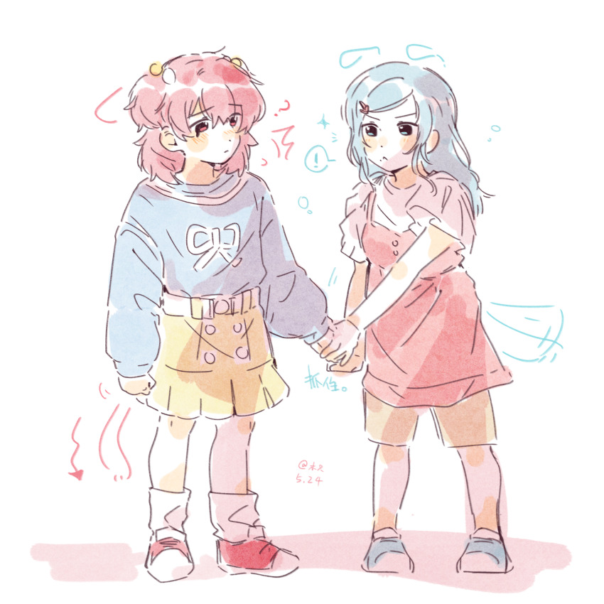 ! 2girls :&lt; ? ^^^ aged_down animal_ears arrow_(symbol) blue_eyes blue_hair blue_shirt blue_shoes blush brown_shorts buttons cat_ears chinese_commentary clenched_hand closed_mouth colored_speech_bubble commentary_request dog_ears double-breasted drawn_ears dress frown full_body grabbing_another&#039;s_hand highres hinomori_shizuku long_hair medium_hair medium_skirt mole mole_under_mouth momoi_airi multiple_girls parted_bangs pinafore_dress pleated_skirt project_sekai raised_inner_eyebrows red_dress red_eyes red_hair red_shoes shadow shirt shoes shorts simple_background skirt sleeveless sleeveless_dress socks speech_bubble spoken_exclamation_mark standing two_side_up white_background white_shirt white_socks woodonly yellow_skirt