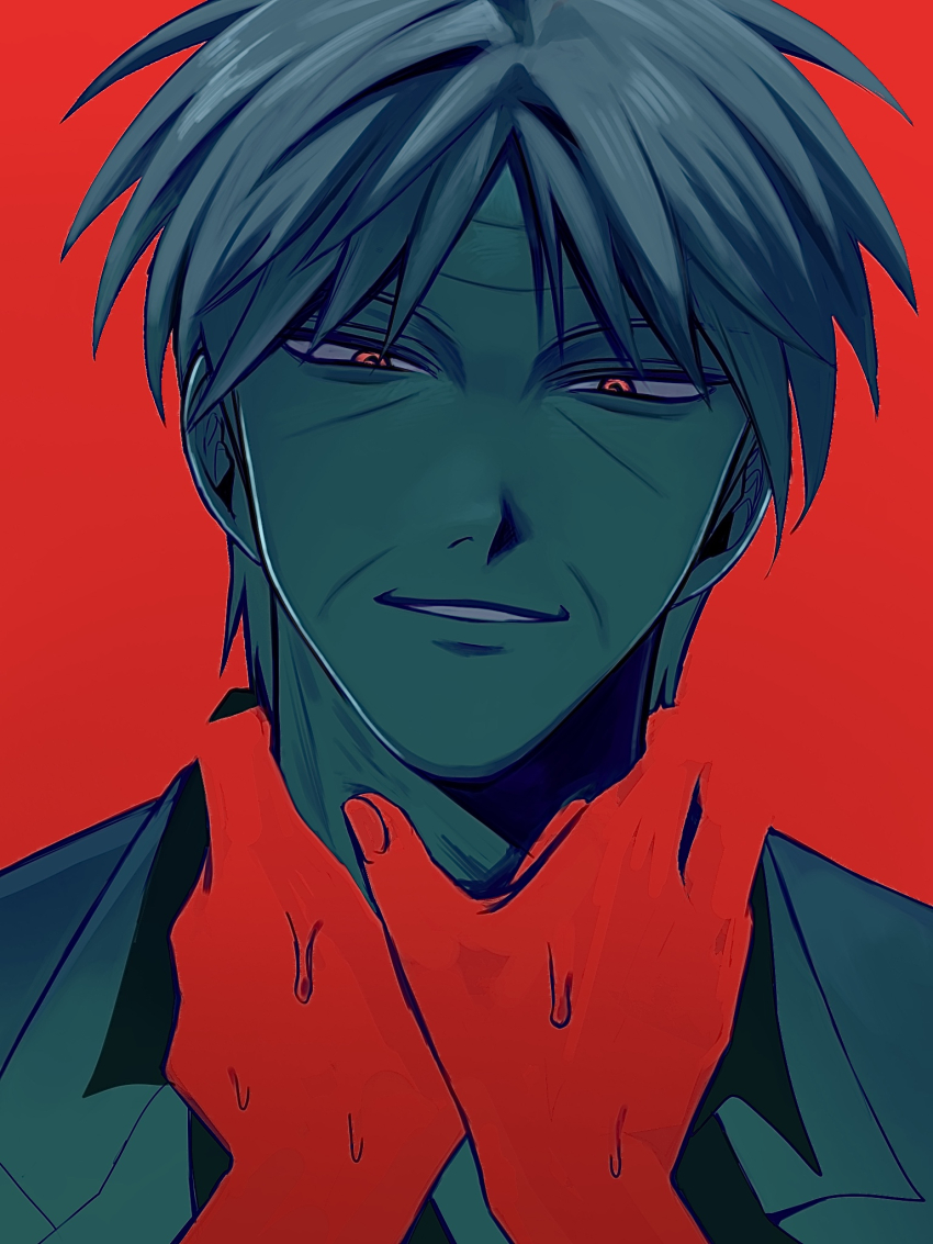1boy 1other akagi_shigeru collared_shirt commentary_request fukumoto_mahjong grin hands_on_another&#039;s_neck highres looking_at_viewer male_focus niwatori_panda old old_man red_eyes red_theme shirt short_hair smile solo_focus ten_(manga) upper_body wrinkled_skin