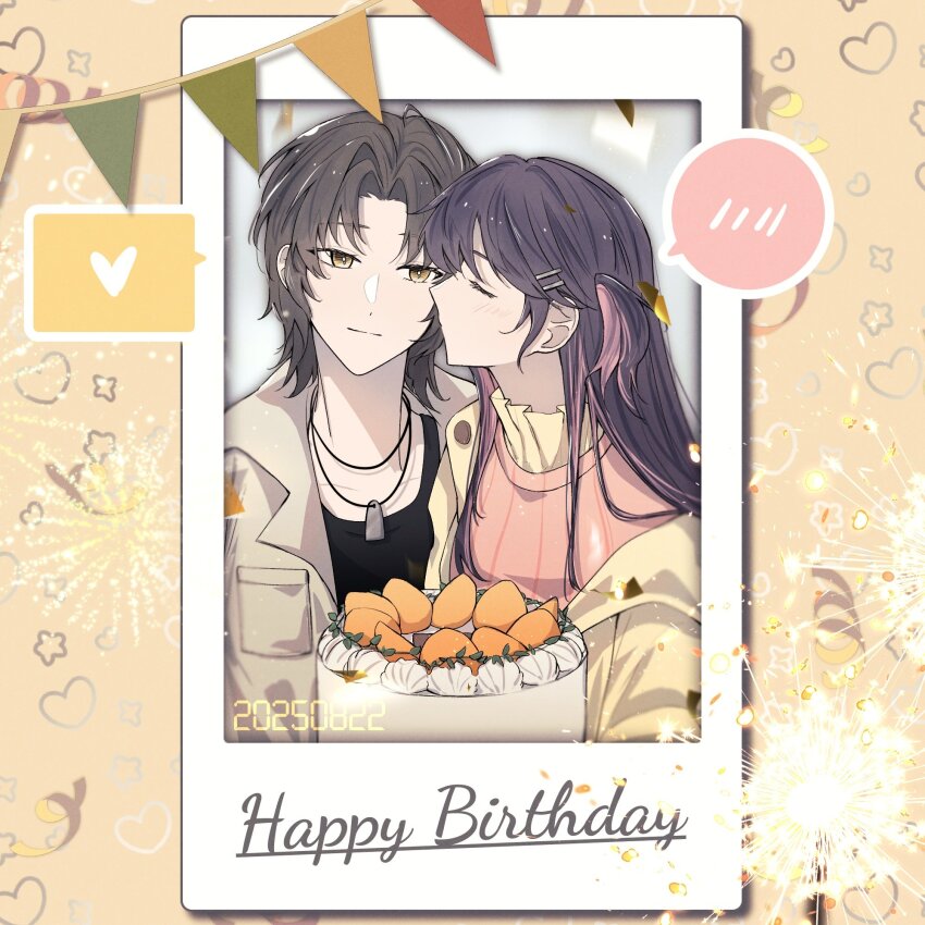 2girls alakkm black_hair brown_eyes cake closed_eyes closed_mouth colored_inner_hair commentary confetti dated eleanor_si food hair_ornament hairpin happy_birthday heart highres jewelry kiss kissing_cheek layered_clothes long_hair love_curse:_find_your_soulmate multicolored_hair multiple_girls necklace pink_hair polaroid_photo purple_hair selene_yan smile spoken_blush spoken_heart star_(symbol) string_of_flags two-tone_hair upper_body yuri