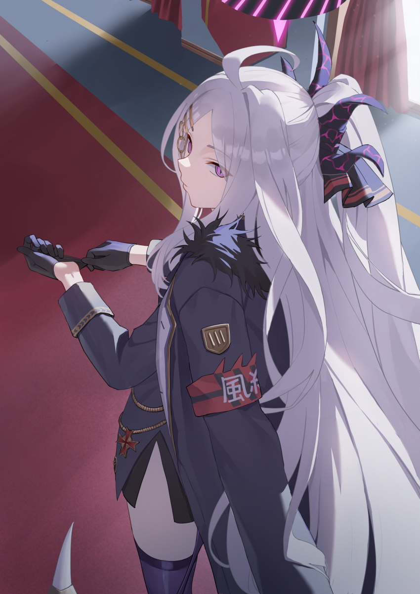 1girl absurdres ahoge armband back black_coat black_gloves black_halo black_skirt blue_archive coat coat_on_shoulders demon_girl demon_horns demon_wings dscreation_(alan_dwi29) gloves halo highres hina_(blue_archive) horns indoors long_hair looking_at_viewer purple_eyes red_armband skirt solo standing thighhighs white_hair white_thighhighs wings