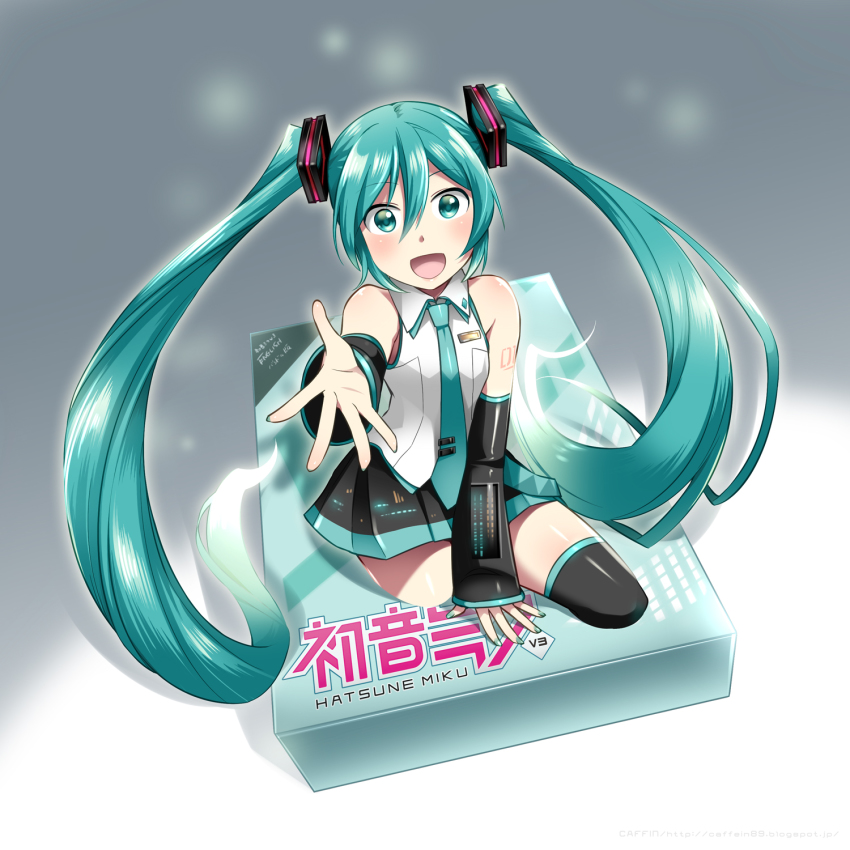 1girl caffein detached_sleeves female_focus green_eyes green_hair hatsune_miku hatsune_miku_(vocaloid3) highres long_hair matching_hair/eyes necktie open_mouth outstretched_arm skirt solo thighhighs twintails very_long_hair vocaloid