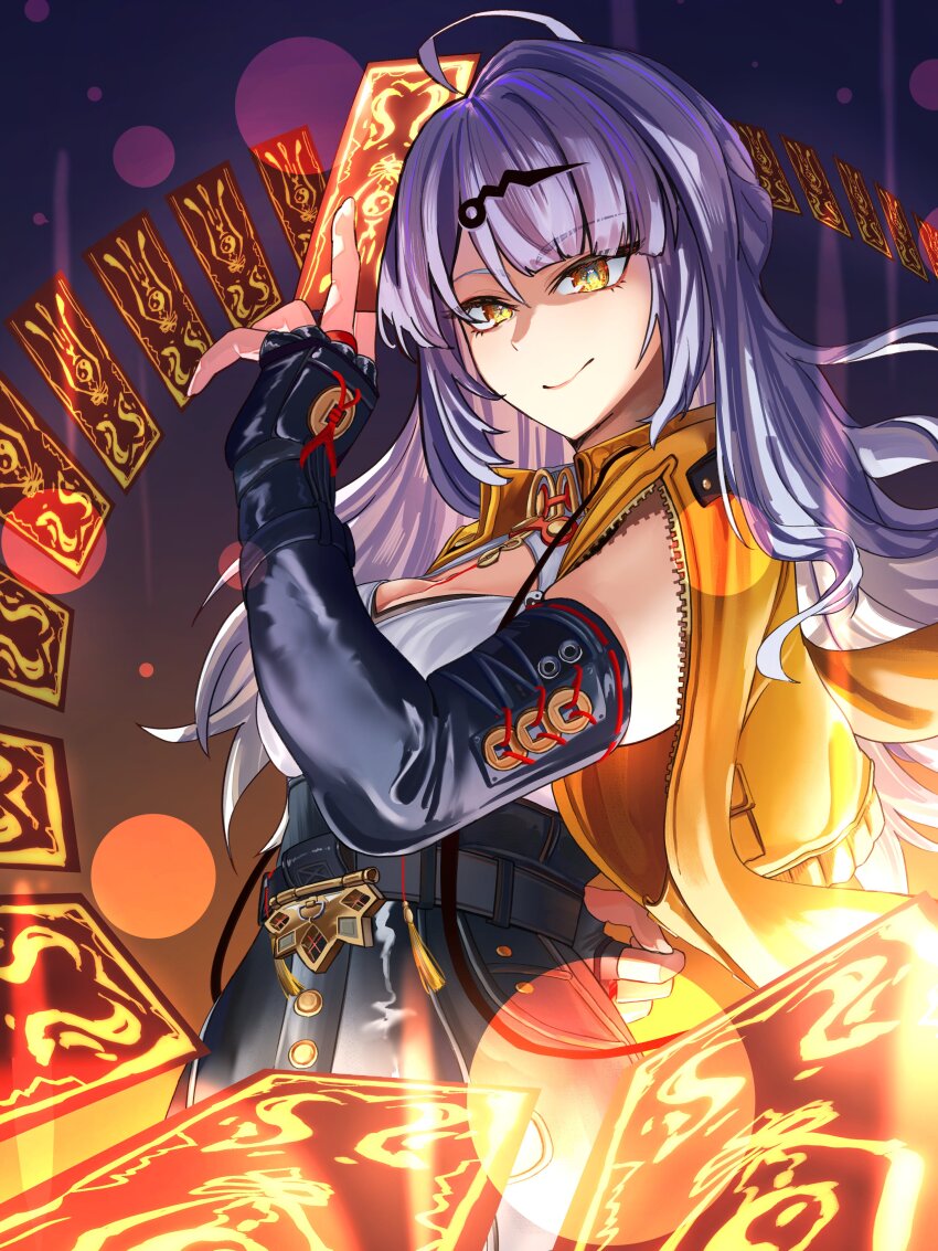 1girl absurdres ahoge black_shorts breasts cowboy_shot elbow_gloves fingerless_gloves gloves hair_ornament harukimatsui_25 high-waist_shorts highres holding_ofuda jacket large_breasts long_hair open_clothes open_jacket shorts single_elbow_glove single_hair_intake smile solo vest white_hair yellow_eyes yellow_jacket yellow_vest yixuan_(zenless_zone_zero) zenless_zone_zero