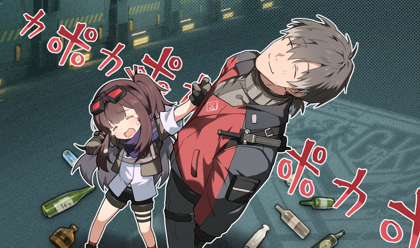 1boy 1girl black_gloves black_hair black_pants black_shorts bottle brown_hair closed_eyes commander_(girls&#039;_frontline) commentary english_commentary girls&#039;_frontline girls&#039;_frontline_2:_exilium gloves goggles goggles_on_head honi_(ohohoni) jacket long_hair mayling_shen_(girls&#039;_frontline_2) meme multicolored_jacket one_side_up open_mouth pants poka_poka_(meme) shirt short_shorts shorts smile two-tone_jacket white_shirt