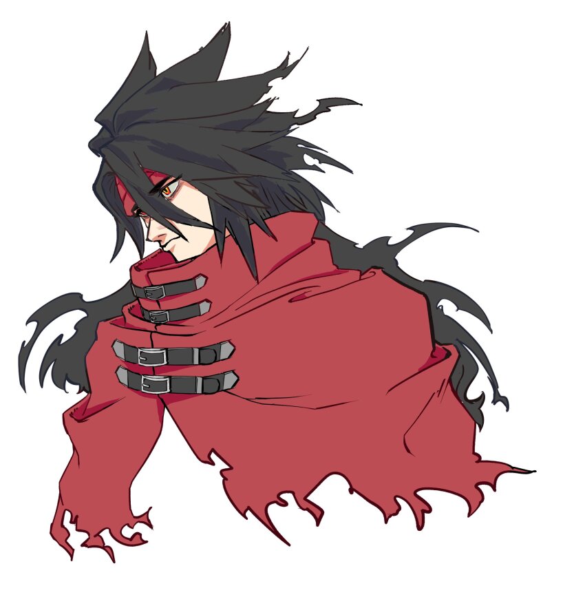 1boy belt_buckle black_hair buckle cloak closed_mouth commentary_request cropped_torso final_fantasy final_fantasy_vii final_fantasy_vii_rebirth final_fantasy_vii_remake hair_between_eyes headband highres long_hair male_focus otaotacos0704 portrait red_cloak red_eyes red_headband solo spiked_hair torn_cloak torn_clothes upper_body vincent_valentine white_background