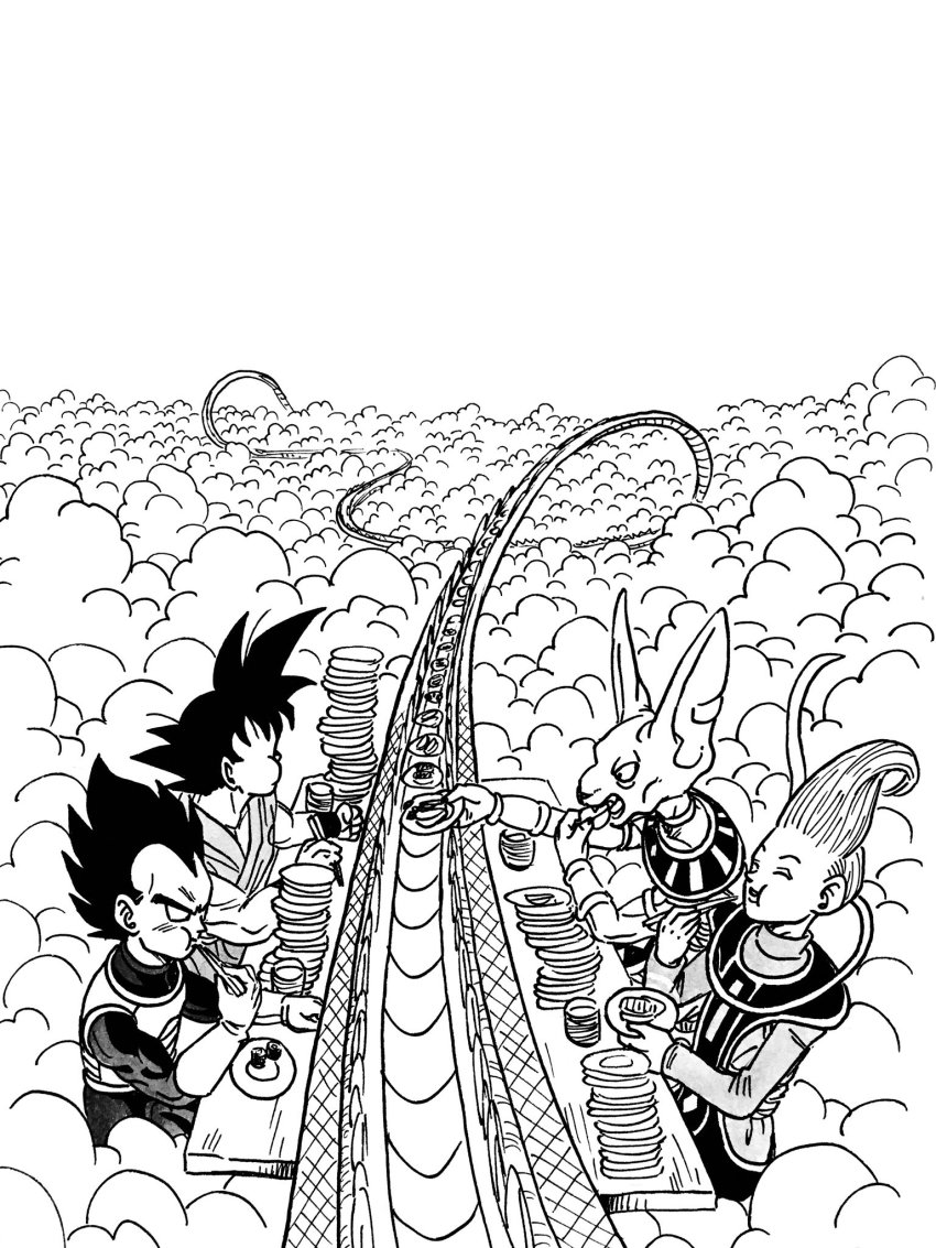 10s 4boys ^_^ ancient_egyptian_clothes armor beerus black_hair chopsticks closed_eyes cloud cloudy_sky commentary_request d: dougi dragon_ball dragon_ball_super dragonball_z eating facing_away from_above gloves greyscale highres lee_(dragon_garou) male_focus monochrome multiple_boys open_mouth outdoors outstretched_arm plate profile short_hair sitting sky snake_way son_goku spiked_hair table vegeta whis