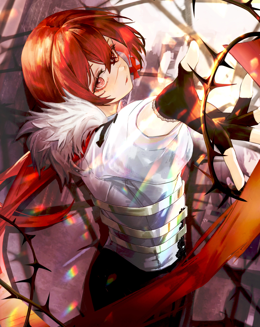 1girl absurdres black_gloves chinese_commentary commentary_request crossed_bangs fingerless_gloves fur_trim gloves hair_between_eyes highres jin_sumire looking_at_viewer original red_eyes red_hair scar scar_on_face scar_on_nose shirt short_sleeves solo white_shirt