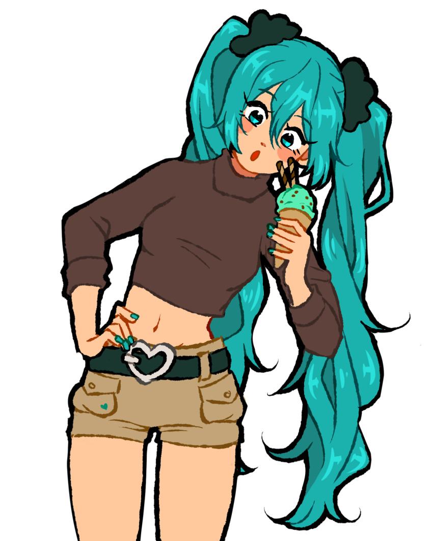 1girl acro-bike aqua_eyes aqua_hair aqua_nails belt black_belt brown_shirt brown_shorts hair_ornament hair_scrunchie hand_on_own_hip hatsune_miku heart_belt highres holding holding_ice_cream_cone ice_cream_cone long_hair midriff nail_polish navel open_mouth scrunchie shirt short_shorts shorts simple_background solo standing twintails vocaloid white_background
