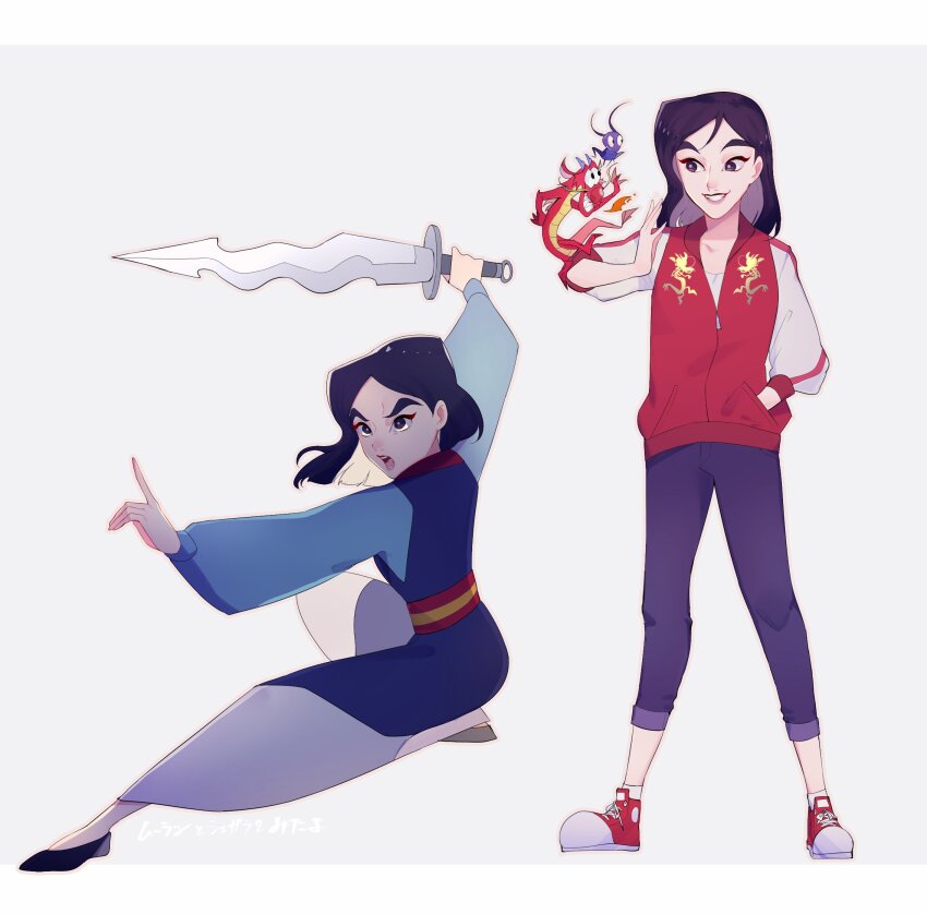 1boy 1girl animification black_hair brown_eyes chinese_clothes dragon dress eastern_dragon fa_mulan_(disney) hanfu highres jacket letterman_jacket long_hair looking_at_viewer makeup mulan_(movie) mushu_(disney) rl10_02 simple_background smile sword weapon wreck-it_ralph