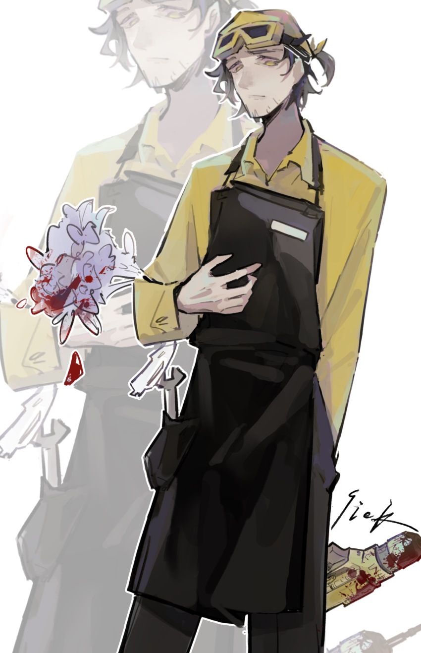 16personalities 1boy absurdres apron bandana black_apron black_hair blood blood_on_flower bloody_weapon bouquet collared_shirt cowboy_shot flower highres holding holding_bouquet long_sleeves looking_at_viewer medium_hair qiekkk shirt solo virtuoso_(16personalities) weapon yellow_bandana yellow_eyes yellow_shirt