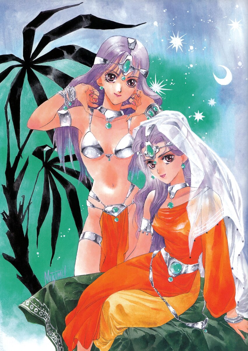 2girls absurdres anklet armband armlet armor asymmetrical_clothes bad_link bikini_armor bracelet choker circlet dark-skinned_female dark_skin dragon_quest dragon_quest_iv dress earrings highres inomata_mutsumi jewelry loincloth manya_(dq4) minea_(dq4) multiple_girls navel painting_(medium) pelvic_curtain photoshop_(medium) purple_eyes purple_hair siblings single_sleeve sisters sitting smile standing thighlet traditional_media twins veil watercolor_(medium) wristband yellow_dress
