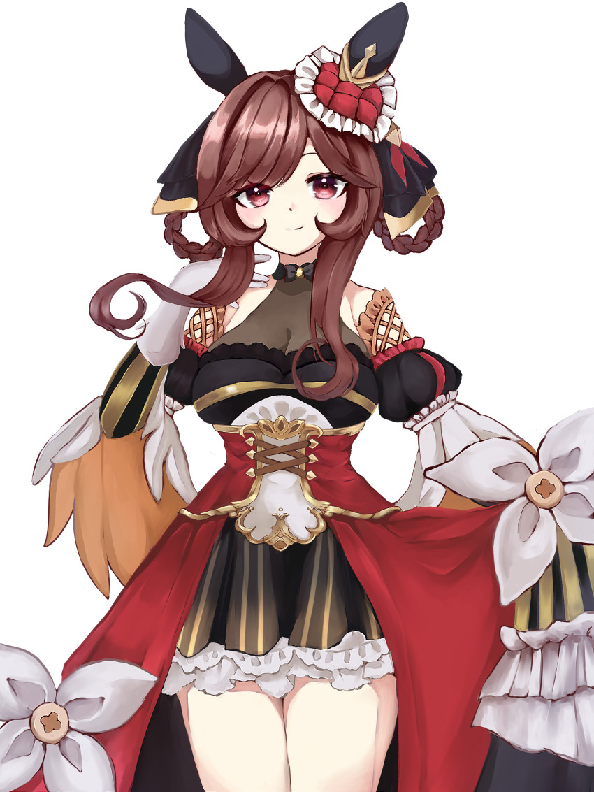 1girl animal_ears bare_shoulders black_dress black_ribbon braid braided_hair_rings breasts brown_hair closed_mouth clothing_cutout commentary_request corset dress ear_ornament gentildonna_(umamusume) gloves hair_ribbon hair_rings hand_up highres horse_ears horse_girl long_hair long_sleeves medium_breasts mensoreimuremu red_corset red_skirt ribbon shoulder_cutout showgirl_skirt sidelocks simple_background skirt smile solo swept_bangs thighs twin_braids umamusume variant_set white_background white_gloves