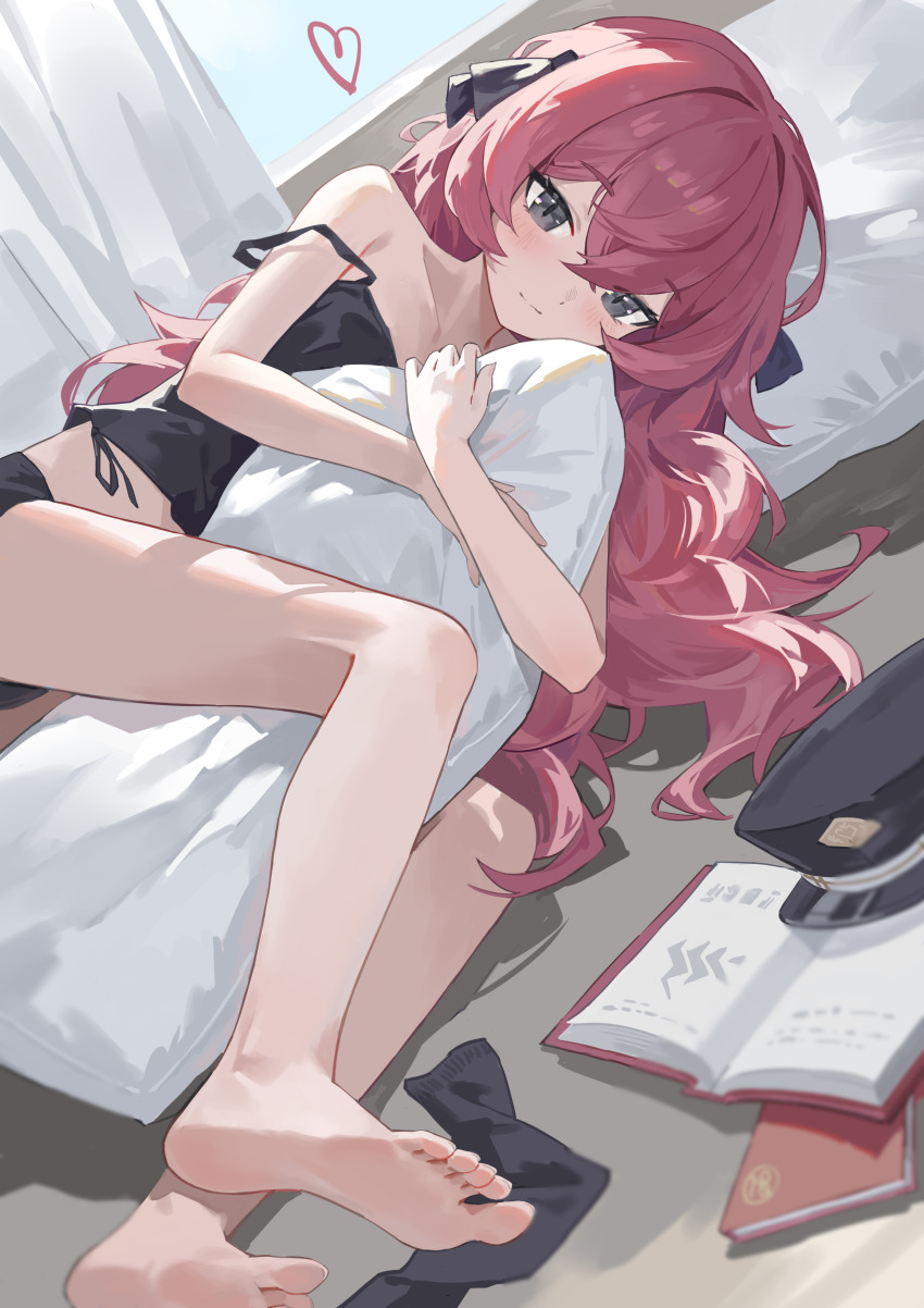 1girl absurdres bare_legs bare_shoulders barefoot bedroom black_camisole black_eyes black_hat black_ribbon black_shorts black_socks blue_archive blush book camisole closed_mouth crossed_bangs curtains dot_nose fang5hine feet gehenna_academy_logo hair_between_eyes hair_ribbon hat heart highres hugging_object indoors iroha_(blue_archive) loli long_hair looking_at_viewer lying on_side open_book open_window peaked_cap pillow pillow_hug red_hair ribbon shorts smile socks soles solo split_mouth strap_slip thighs toenails toes unworn_hat unworn_headwear unworn_socks very_long_hair window