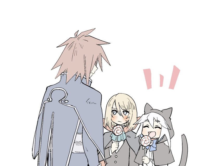 3boys animal_ears animal_hood aqua_ascot azuma_yukihiko bell black_cape blonde_hair blue_eyes brown_hair candy cape cat_boy cat_ears cat_hood child food genius_sage highres holding holding_candy holding_food holding_lollipop hood jingle_bell kratos_aurion lollipop long_sleeves looking_at_another looking_at_viewer male_focus medium_hair mithos_yggdrasill multiple_boys tales_of_(series) tales_of_symphonia two-sided_cape two-sided_fabric vampire_costume white_hair