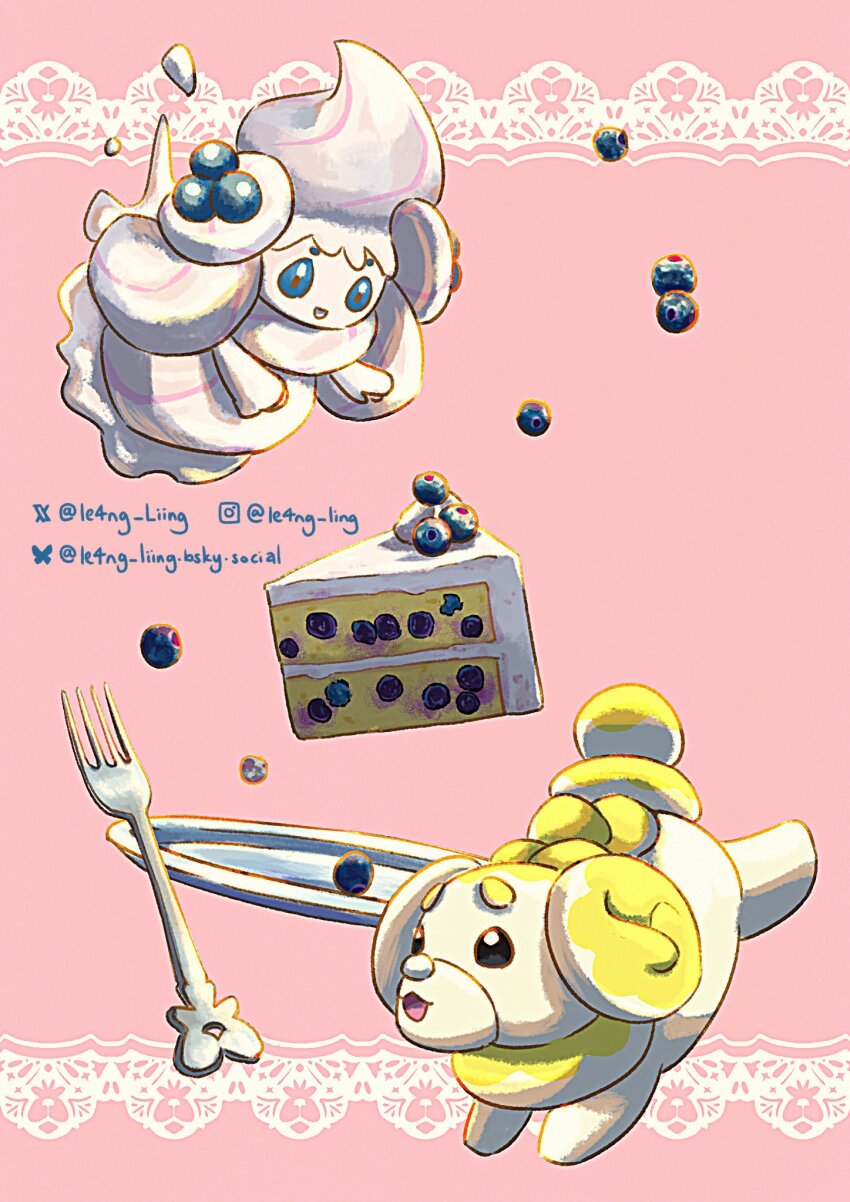 :d alcremie blue_eyes bluesky_logo bluesky_username cake cake_slice commentary_request fidough food fork gen_8_pokemon happy highres instagram_logo instagram_username le4ng_liing nintendo no_humans open_mouth pink_background plate pokemon pokemon_(creature) red_pupils smile twitter_username twitter_x_logo