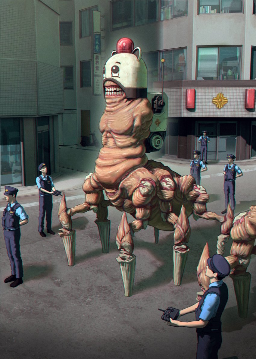 6+boys arms_behind_back backpack bag black_headwear black_pants black_vest blue_shirt building chromatic_aberration city commentary controller creepy eye_print faceless faceless_male hat helmet hexapod highres holding holding_remote_control japan_national_police kiginobiru_(hayapi) looking_at_another monster multiple_boys original outdoors pants police police_hat police_uniform radio_antenna remote_control road shadow shirt standing street strobe_lights teeth vest