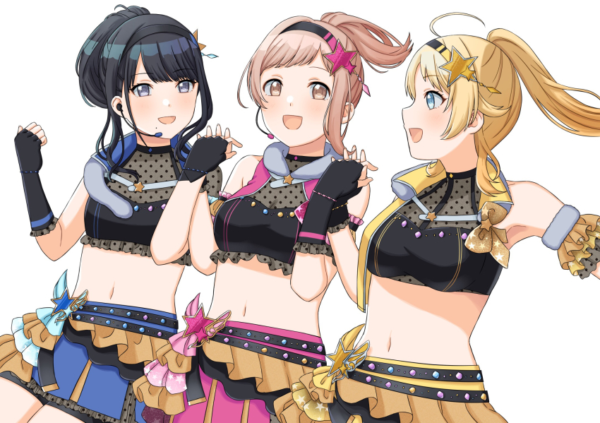 3girls :d bare_shoulders bike_shorts black_gloves black_hair black_shorts blonde_hair blue_eyes blue_skirt blush breasts brown_eyes brown_hair commentary_request crop_top elbow_gloves fingerless_gloves floating_hair gloves grey_eyes hachimiya_meguru hand_up headset highres holding_hands idolmaster idolmaster_shiny_colors illumination_stars_(idolmaster) interlocked_fingers kazano_hiori long_hair medium_breasts midriff mole mole_under_mouth multiple_girls navel open_mouth pink_skirt ponytail sakuragi_mano sasakamasasa shorts shorts_under_skirt simple_background skirt small_breasts smile white_background yellow_skirt