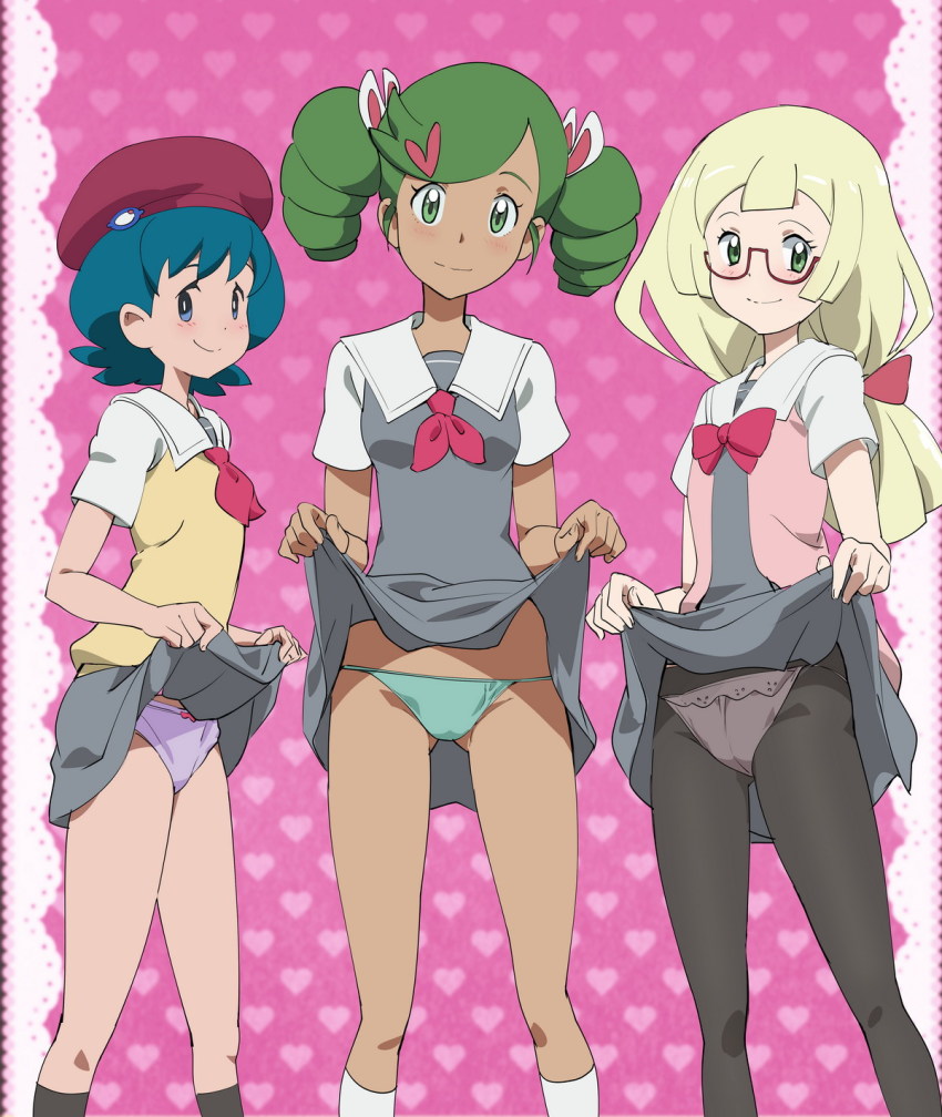 3girls bad_id bad_pixiv_id black_legwear blonde_hair blue_eyes blue_hair blue_panties blush breasts creatures_(company) eyebrows game_freak glasses green_hair hat highres lana_(pokemon) lifting_own_clothes lillie_(pokemon) long_hair mallow_(pokemon) matching_hair/eyes multiple_girls nintendo ontaros panties panties_under_pantyhose pantyhose pink_background pokemon pokemon_(anime) pokemon_sm113 pokemon_sm_(anime) purple_panties school_uniform short_hair skirt smile socks standing underwear very_long_hair white_legwear