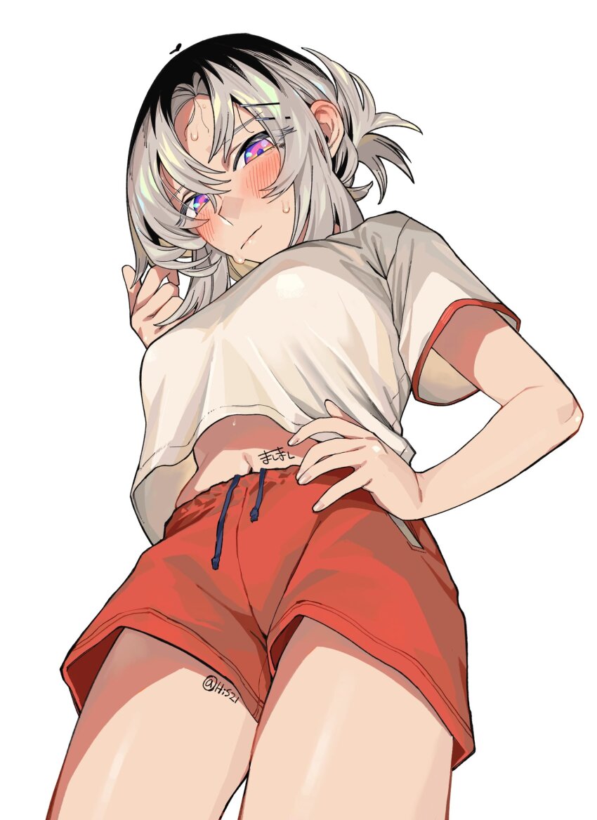 1girl blush breasts closed_mouth commentary_request cowboy_shot from_behind grey_hair gym_shirt gym_shorts hand_on_own_hip highres honjitsu_no_urabe-san_to large_breasts looking_down mashimashi midriff_peek navel pink_eyes red_shorts shirt short_hair shorts simple_background solo sweat urabe_haruna_(mashimashi) white_background white_shirt