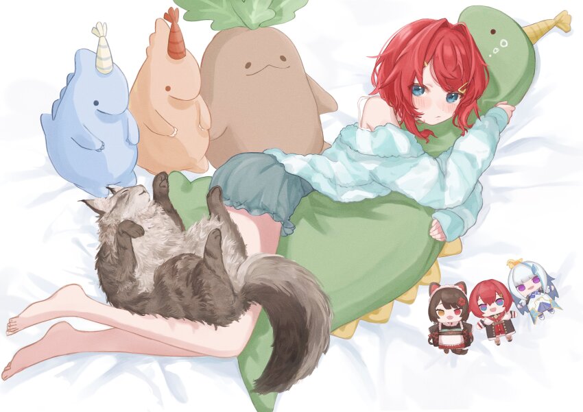 1girl 3znk absurdres ange_katrina ange_katrina_(1st_costume) ange_katrina_(6th_costume) bare_legs blue_eyes blue_jacket blue_shorts blush cat character_doll closed_mouth commentary_request frilled_shorts frills full_body grey_cat hair_intakes hair_ornament hairclip highres hugging_object inui_toko inui_toko_(1st_costume) jacket lize_helesta lize_helesta_(1st_costume) long_sleeves looking_at_viewer looking_to_the_side lying mandragora_(ange_katrina) nijisanji on_bed on_side red_hair sebastian_piyodore short_hair short_shorts shorts single_bare_shoulder solo stuffed_dinosaur swept_bangs virtual_youtuber