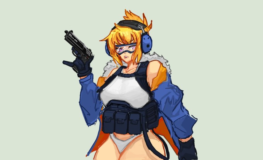 1girl blonde_hair borrowed_character commentary diiishiii english_commentary fur_trim gun h&amp;k_mark_23 handgun headset heckler_&amp;_koch holding holding_gun holding_weapon jacket looking_to_the_side match_grade match_grade_firearm match_grade_pistol military_program offensive_handgun offensive_handgun_weapon_system_(military_program) original panties pistol purple_eyes solo suppressor underwear weapon white_panties