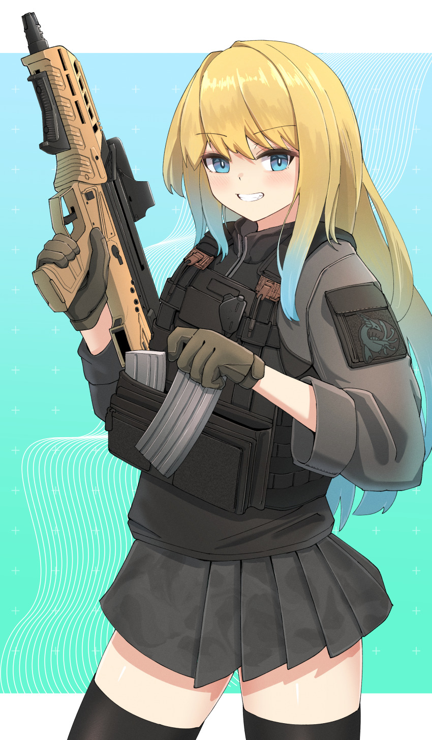 1girl absurdres black_thighhighs blonde_hair blue_eyes blue_hair bulletproof_vest bullpup camouflage desert_tech_mdr gloves gradient_hair gun highres holding indie_virtual_youtuber long_hair looking_at_viewer multicolored_hair non-web_source okapi_(yomaigoto) solo thighhighs virtual_youtuber weapon zeta_(vtuber) zeta_(vtuber)_(1st_costume)