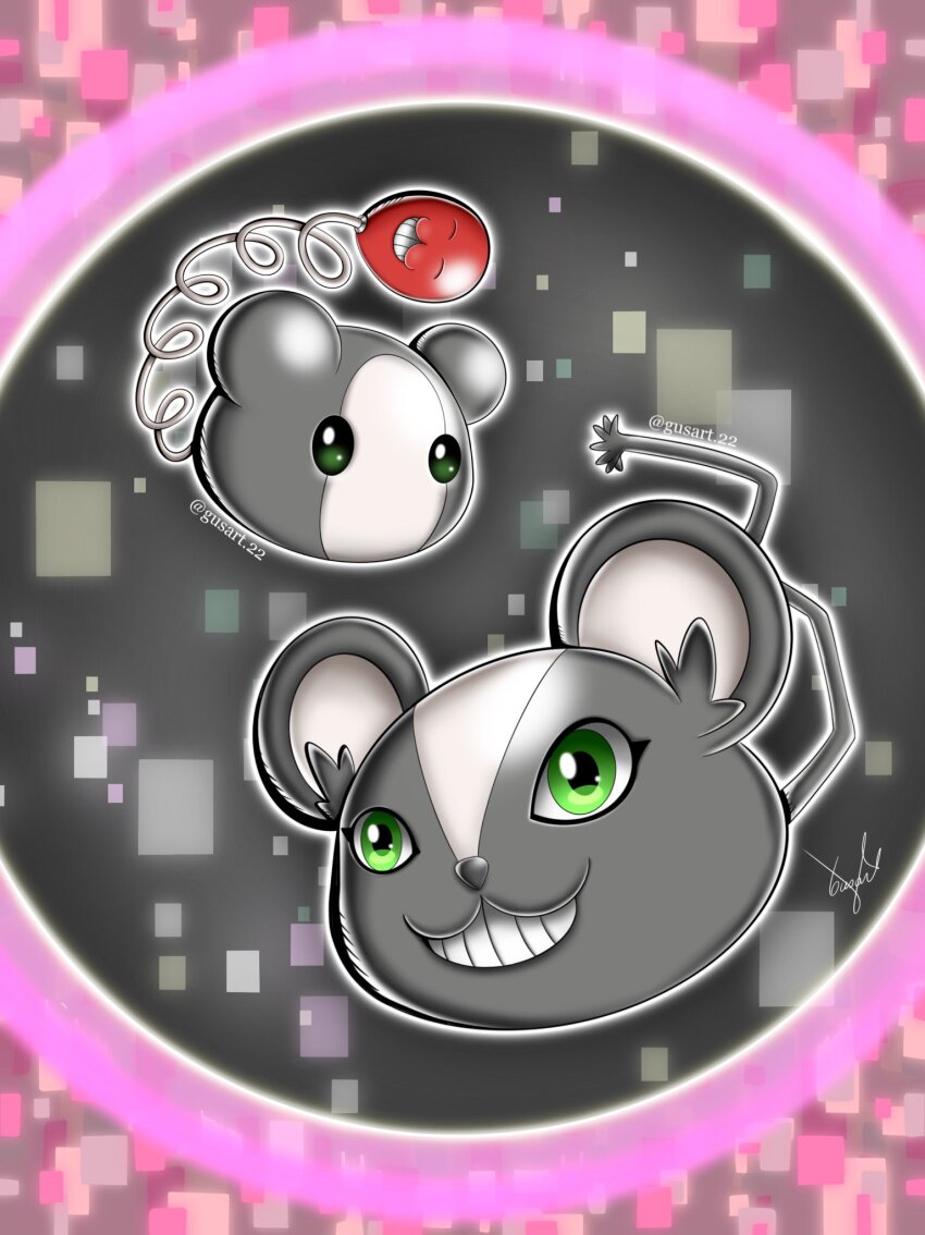 digimon digimon_(creature) green_eyes highres looking_at_viewer mouse_(animal) opossummon oridigi original smile tail teeth