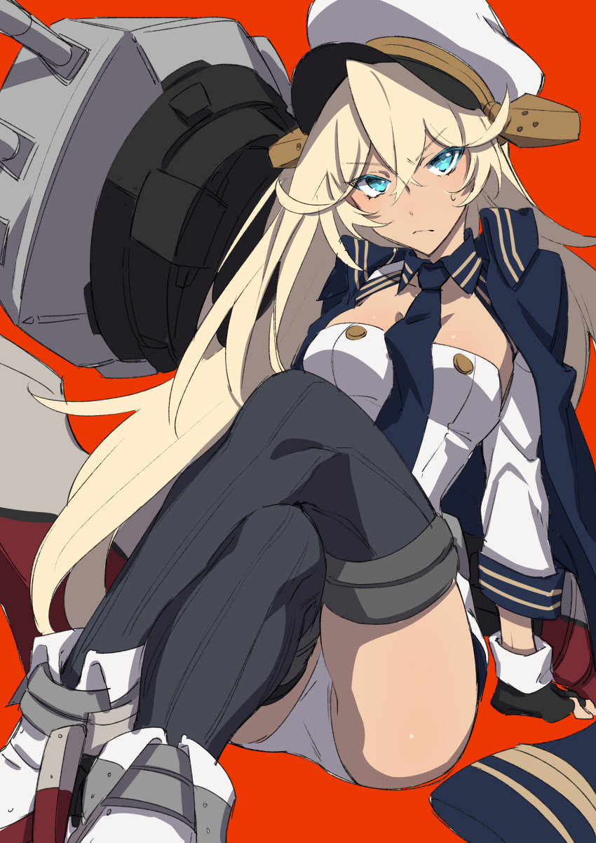 1girl absurdres ankle_boots azur_lane black_gloves black_thighhighs blonde_hair blue_eyes blue_jacket blue_necktie blush boots cannon closed_mouth crossed_legs female_focus fingerless_gloves gloves hair_between_eyes hat headgear highres invisible_chair jacket jacket_on_shoulders long_hair long_sleeves looking_at_viewer machinery military military_hat military_uniform naval_uniform necktie panties peaked_cap red_background samei_ikusa simple_background sitting solo sweatdrop tennessee_(azur_lane) thighhighs underwear v-shaped_eyebrows very_long_hair white_hat white_panties