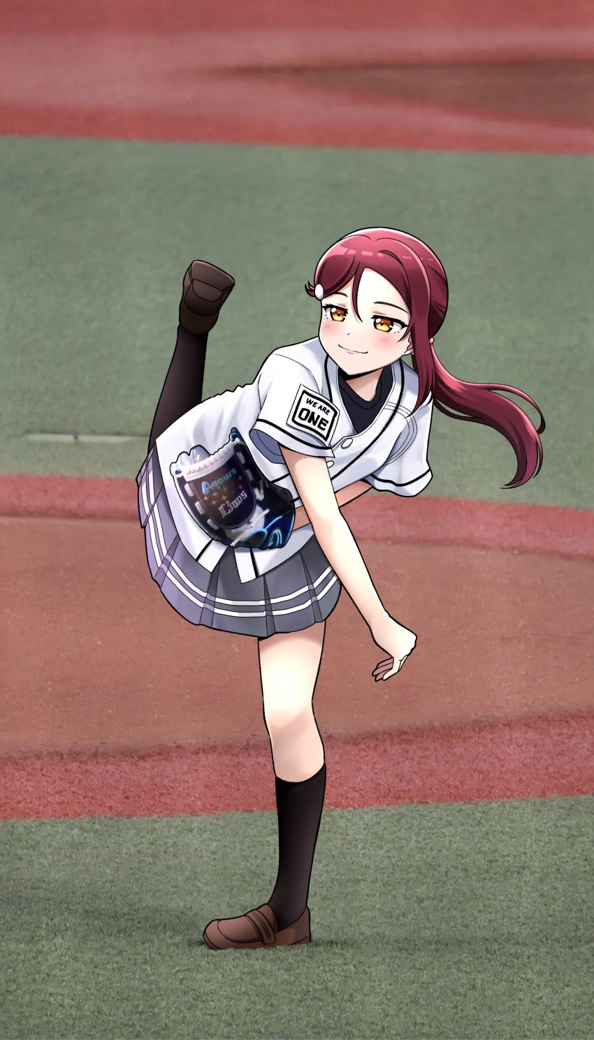 1girl absurdres baseball_glove baseball_jersey black_skirt blouse blush brown_eyes highres jersey looking_ahead love_live! love_live!_sunshine!! nippon_professional_baseball photo-referenced pitching ponytail red_hair saitama_seibu_lions sakurauchi_riko shirt ska.harumi skirt smile solo white_shirt