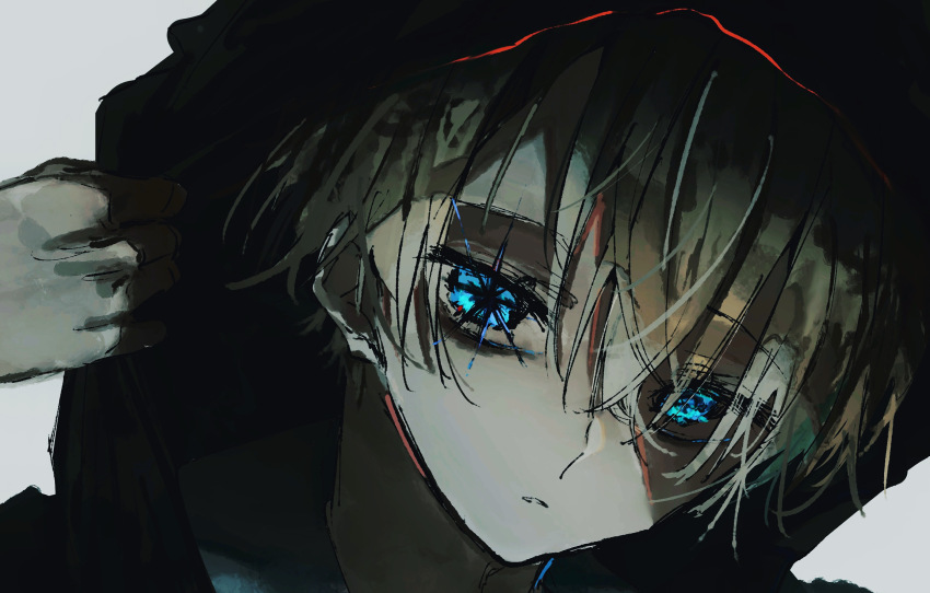 1boy black_hoodie blonde_hair blue_eyes grey_shirt highres holding_hoodie hood hood_up hoodie hoshino_aquamarine looking_at_viewer male_focus oshi_no_ko parted_lips piyopiyomaru_(piyopiyomaru_0) shirt short_hair sketch solo star-shaped_pupils star_(symbol) symbol-shaped_pupils teeth white_background