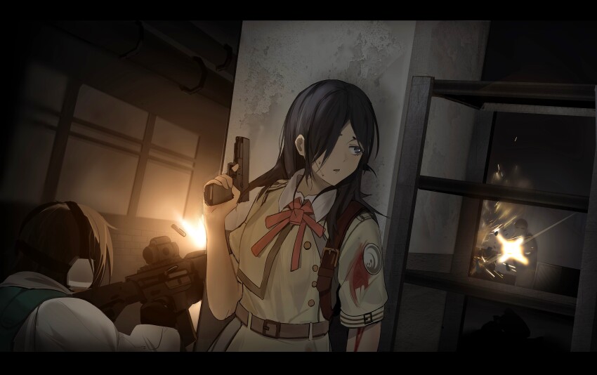 1boy 1girl 1other absurdres ar-15 commission dark firing glock gun handgun highres indoors interior iubworks muzzle_flash original pillar pixiv_commission rifle shadow shelf taking_cover weapon window