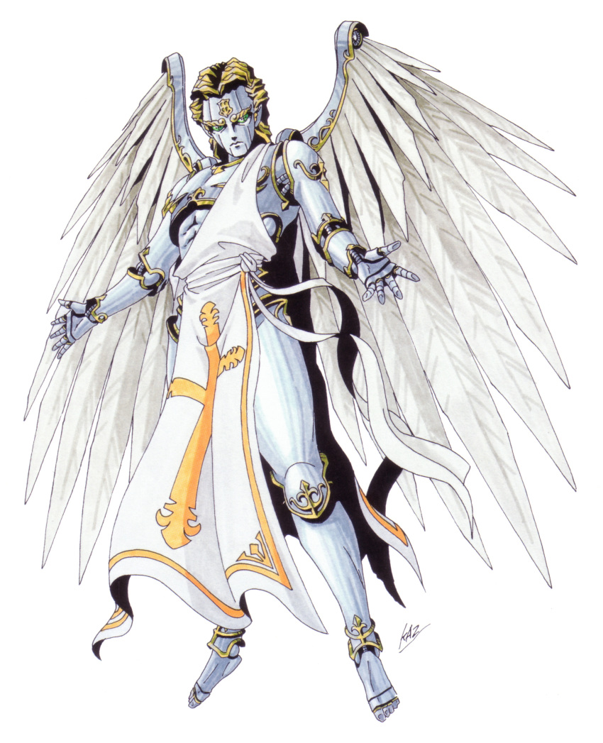 1boy angel_wings blonde_hair full_body highres kazuma_kaneko looking_at_viewer male_focus metatron official_art robot shin_megami_tensei shin_megami_tensei_ii simple_background solo white_background wings