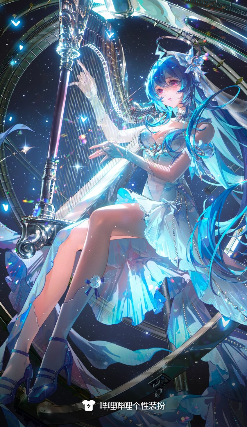 1girl bili_girl_22 bilibili blue_hair breasts bug butterfly commission dress full_body hair_ornament high_heels highres insect instrument long_hair sitting solo tuzhate white_dress
