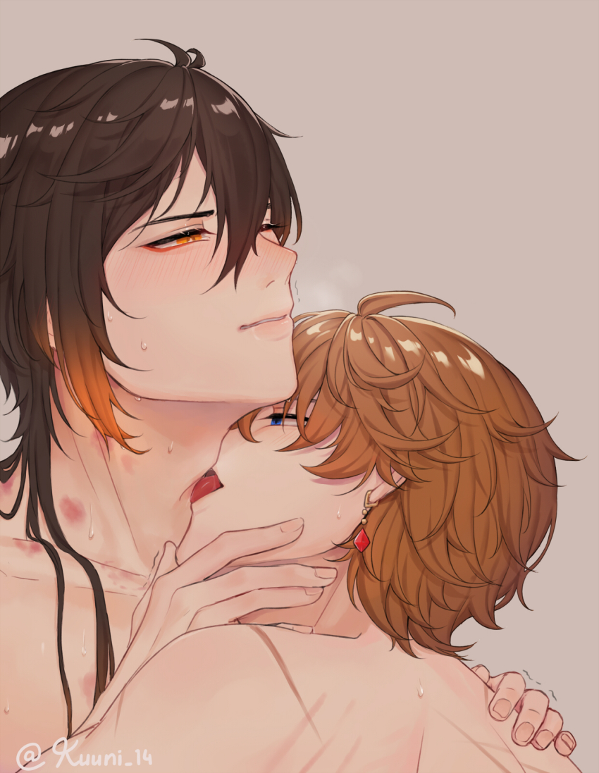 2boys alternate_hairstyle blush genshin_impact hand_on_another&#039;s_back hand_on_another&#039;s_head hickey hickey_marks hickeys_on_neck highres image_sample kabyohee licking long_hair multiple_boys pixiv pixiv_sample shaking tartaglia_(genshin_impact) yaoi zhongli_(genshin_impact)
