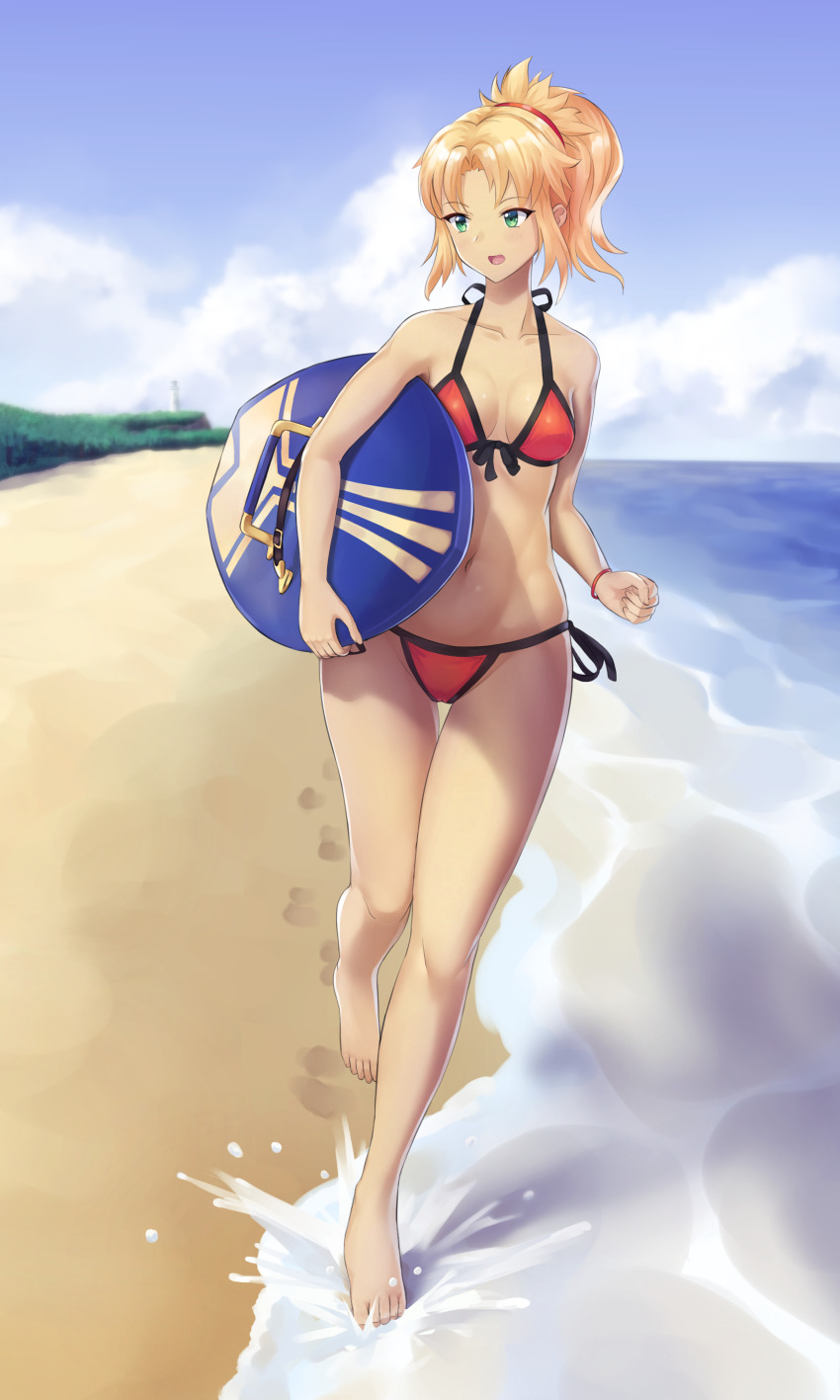 1girl absurdres barefoot beach bikini blue_sky blush bracelet breasts buruma cloud collarbone fate/grand_order fate_(series) female_focus footprints forest full_body green_eyes groin hair_ornament hair_scrunchie halterneck highres horizon jewelry lighthouse looking_to_the_side mordred_(fate) mordred_(fate/apocrypha) mordred_(swimsuit_rider)_(fate) mordred_(swimsuit_rider)_(first_ascension)_(fate) nature ocean open_mouth outdoors ponytail prydwen_(fate) red_bikini red_scrunchie sand scrunchie shore sky small_breasts solo splashing swimsuit thigh_gap warmcummies water
