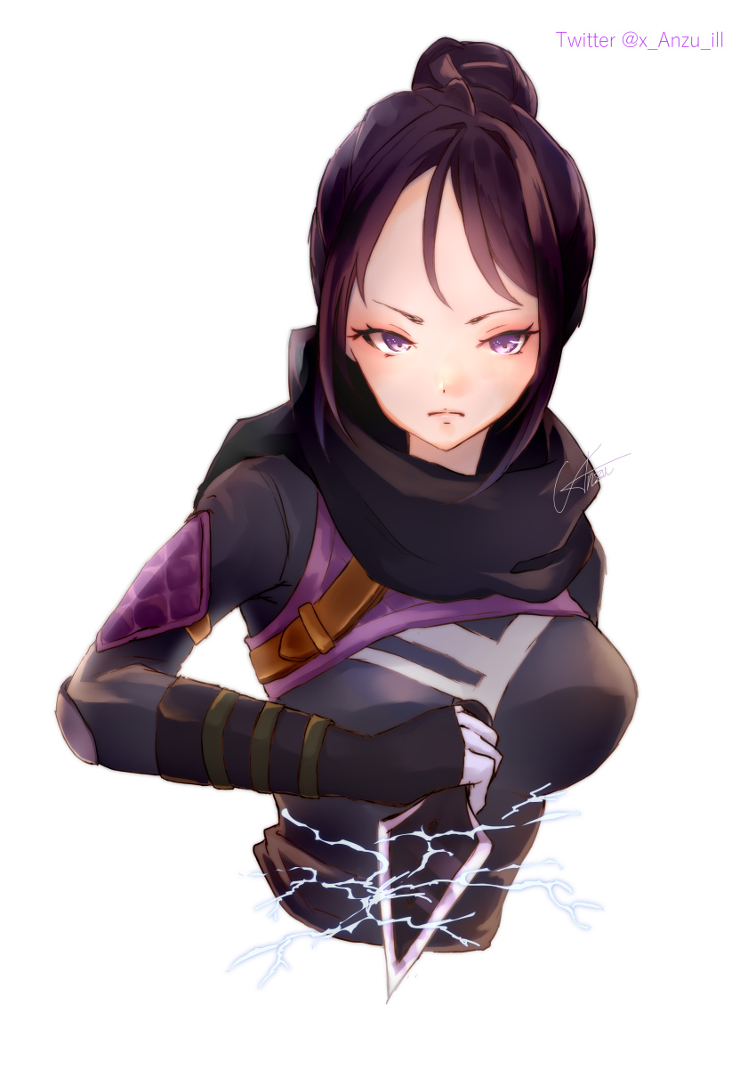1girl absurdres animification anzu_(x_anzu_ill) apex_legends black_bodysuit black_gloves black_hair black_scarf bodysuit breasts frown gloves hair_bun highres holding holding_knife knife kunai large_forehead looking_at_viewer medium_breasts purple_eyes scarf signature single_hair_bun solo twitter_username weapon white_background hope&#039;s_dusk_(apex_legends) wraith_(apex_legends)