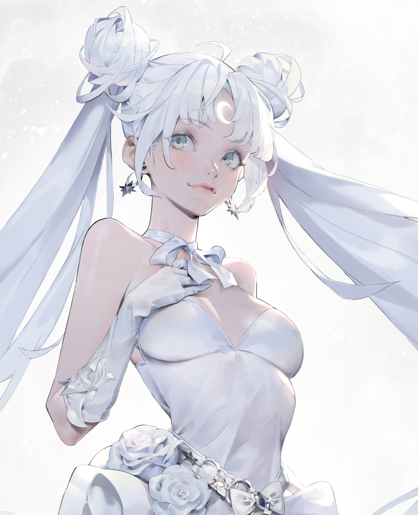 1girl absurdres ahoge bare_shoulders belt bishoujo_senshi_sailor_moon bishoujo_senshi_sailor_moon_stars blue_eyes blush bow choker close-up closed_mouth crescent crescent_facial_mark double_bun dress earrings elbow_gloves facial_mark flower forehead_mark frilled_dress frills gloves hair_bun hand_on_own_chest highres jewelry jung_wonjo long_hair magical_girl necktie parted_bangs pink_lips pleated_dress ribbon rose sailor_cosmos sailor_moon short_dress sidelocks sleeveless sleeveless_dress smile solo star_(symbol) star_earrings tsukino_usagi twintails upper_body very_long_hair white_belt white_bow white_choker white_dress white_flower white_gloves white_necktie white_ribbon white_rose