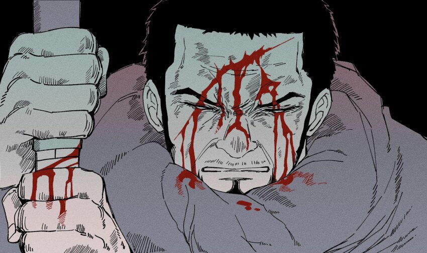 1boy black_background black_hair blind blood blood_on_face blood_on_hands bloody_weapon facial_hair fujitora_(one_piece) half-closed_eyes hands_up highres holding holding_sword holding_weapon injury living_(nsiring) male_focus old old_man one_piece self-harm sheath sheathing short_hair solo sword weapon