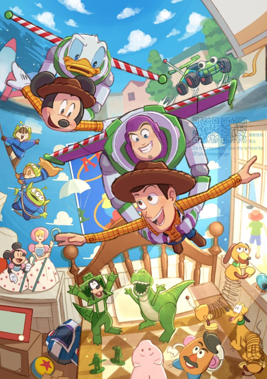 2girls 6+boys alien_(toy_story) andy_davis bo_peep_(toy_story) bullseye_(toy_story) buzz_lightyear chip_(disney) cowboy cowboy_hat cowboy_western dale_(disney) disney donald_duck goofy hat highres looking_at_viewer mickey_mouse mickey_mouse_&amp;_friends minnie_mouse mr._potato_head multiple_boys multiple_girls open_mouth pluto_(disney) rex_(toy_story) sheriff_woody shirt short_hair smile spacesuit takatmaorange toy_story toy_story_1 western