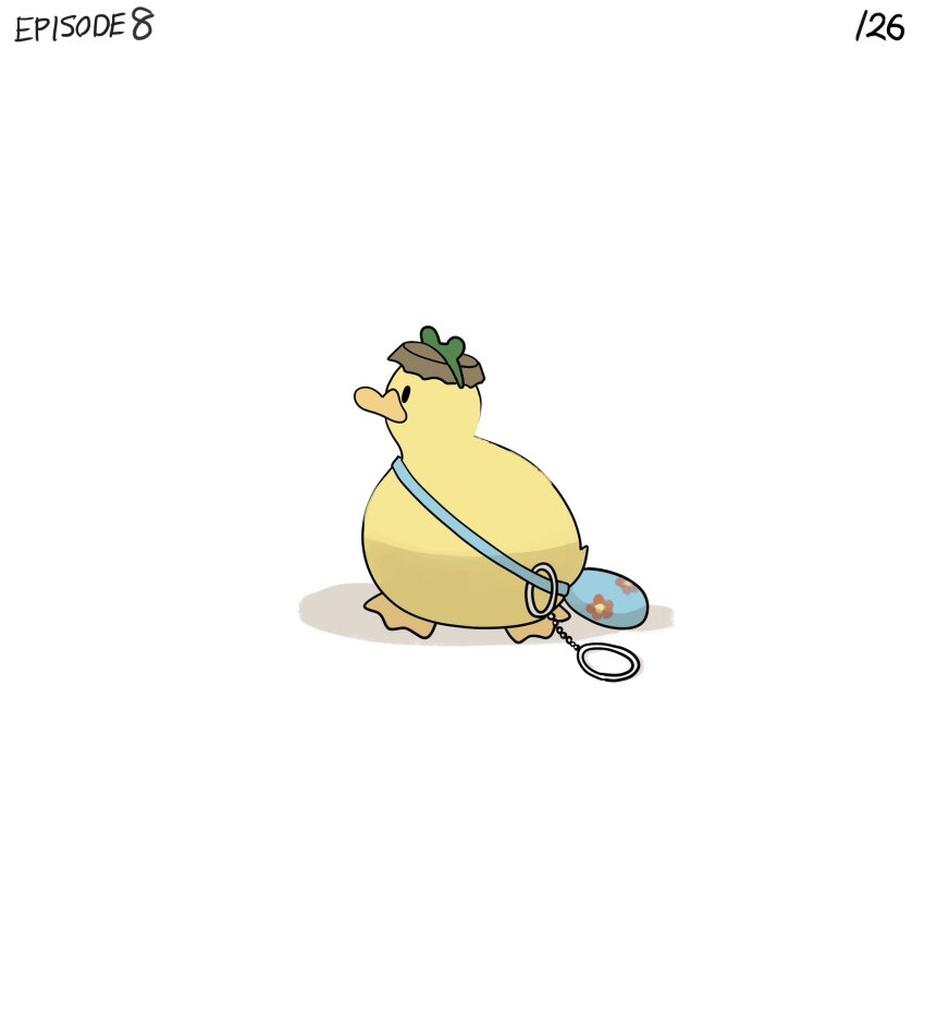 bag bird bottle_cap closed_eyes commentary cuffs diva_(hyxpk) duck duckling english_commentary english_text frog_headband handcuffs happy_tears hat highres no_humans numbered original page_number pointing shoulder_bag simple_background smile tears white_background