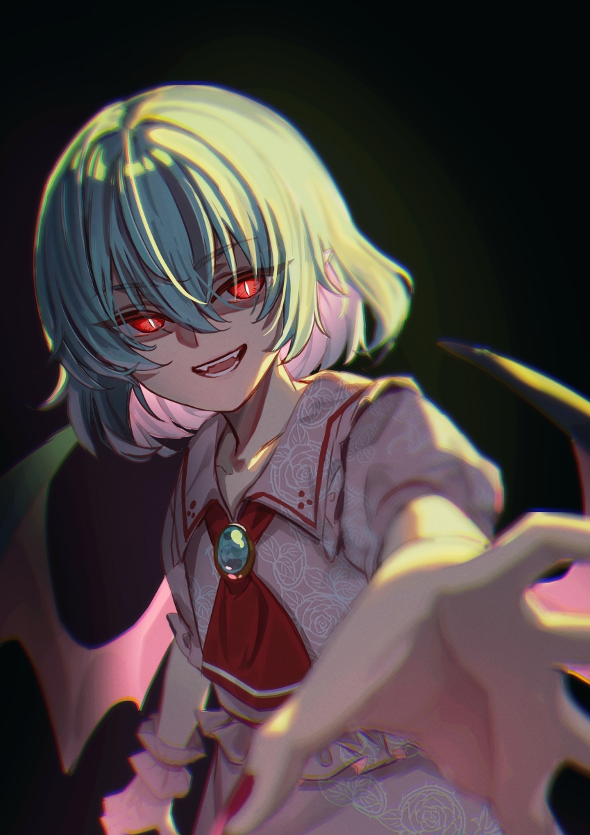 1girl absurdres angry ascot bat_wings black_background blue_hair brooch collared_shirt commentary_request false_smile floral_print frilled_shirt_collar frills highres jewelry kutabiretainu looking_at_viewer no_headwear open_mouth pink_shirt pink_skirt print_shirt print_skirt reaching reaching_towards_viewer red_ascot red_eyes red_nails remilia_scarlet rose_print shirt simple_background single_wrist_cuff skirt slit_pupils smile solo touhou wings wrist_cuffs