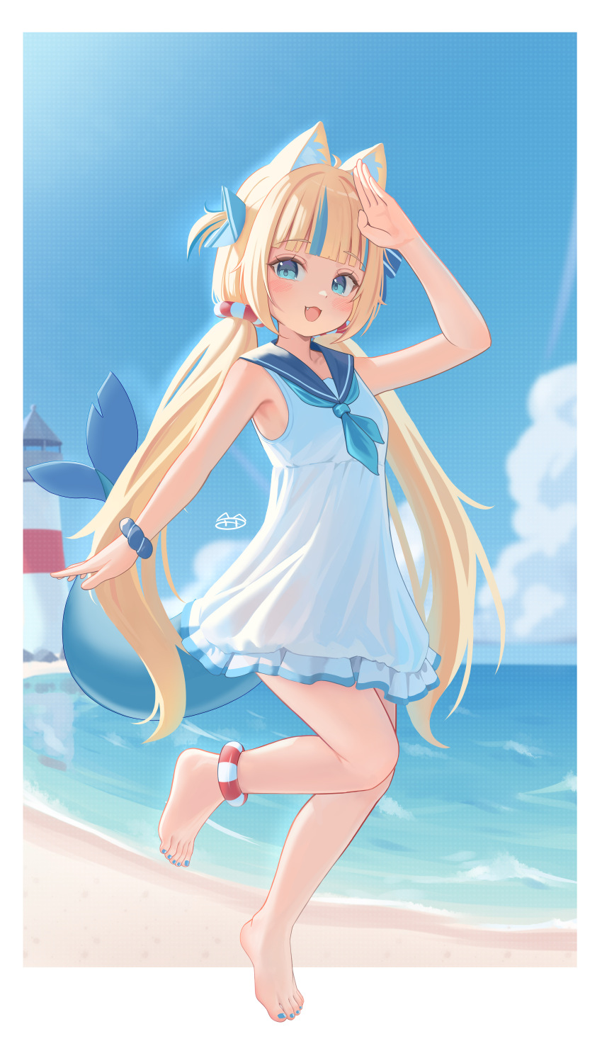 1girl :d absurdres ahoge animal_ear_fluff animal_ears aqua_eyes aqua_neckerchief bare_legs barefoot beach blonde_hair blue_eyes blue_hair blue_nails blue_neckerchief blue_sailor_collar blue_scrunchie blue_sky border cat_ears cloud commentary day dress english_commentary feet fins fish_girl fish_tail foot_up fpvjoe frilled_dress frills full_body hand_on_own_forehead highres indie_virtual_youtuber lighthouse long_hair looking_at_viewer low_twintails multicolored_hair nail_polish neckerchief ocean open_mouth outdoors outside_border sailor_collar sameko_saba scrunchie signature sky sleeveless sleeveless_dress smile solo streaked_hair tail toenail_polish toenails toes twintails very_long_hair virtual_youtuber white_border white_dress wrist_scrunchie