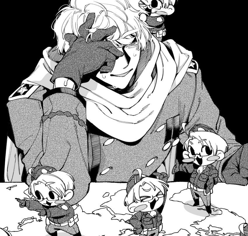 5boys @_@ absurdres ahoge america_(hetalia) axis_powers_hetalia belt blush_stickers boots breast_pocket buttons closed_eyes collared_shirt full_body gloves greyscale hair_between_eyes hand_on_own_face hand_up hat hat_ornament highres index_finger_raised jacket krsk18 lapels long_sleeves looking_at_viewer looking_to_the_side male_focus military_hat military_jacket military_uniform mini_person miniboy monochrome multiple_boys multiple_persona necktie open_mouth pants pocket russia_(hetalia) scarf shadow shirt short_hair simple_background sitting smile star_(symbol) star_hat_ornament star_ornament sweat