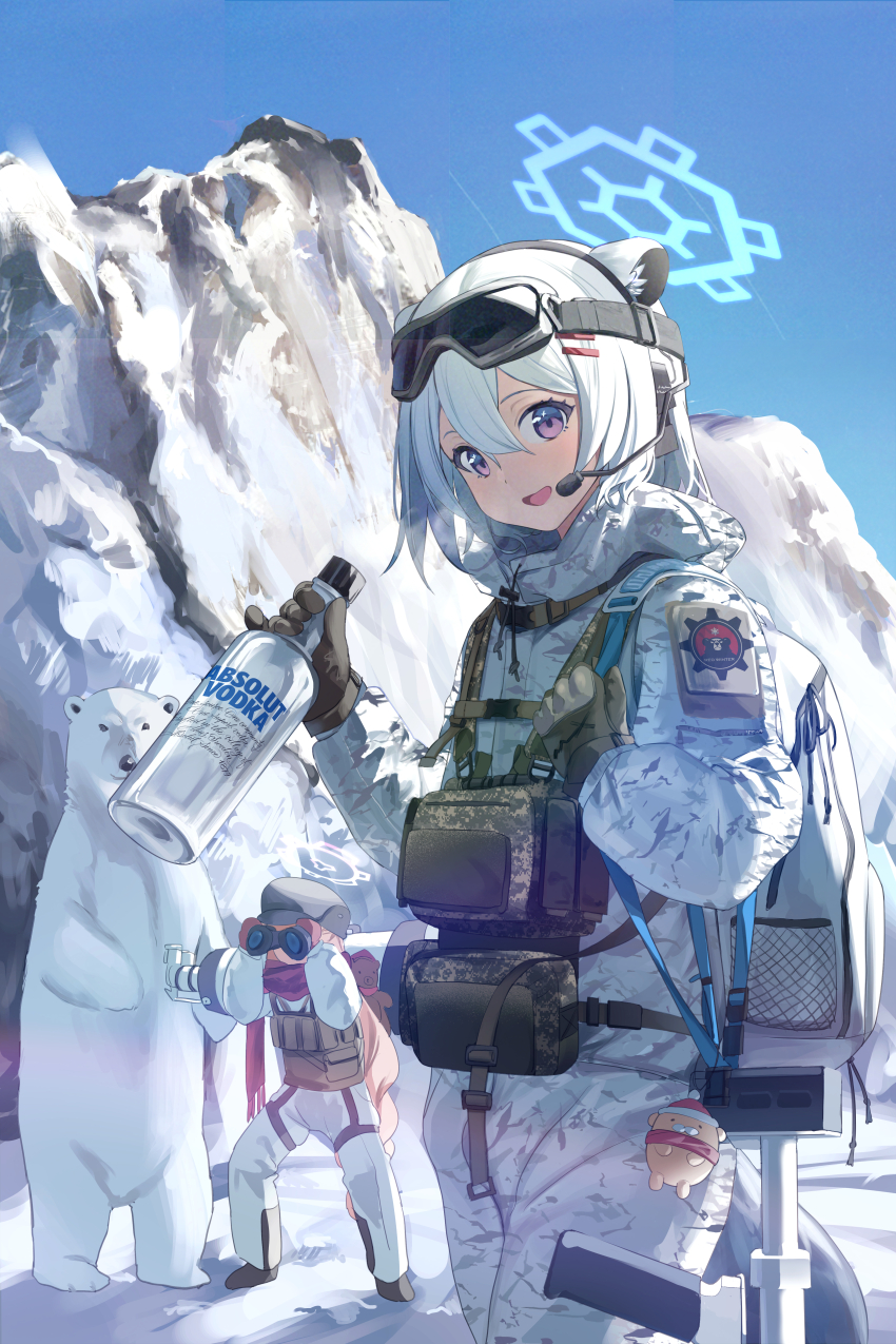 1other 2girls absolut_vodka absurdres alcohol animal animal_ears backpack bag bear binoculars blue_archive blue_sky bottle camouflage chest_rig gloves goggles goggles_on_head green_hair grey_headwear hair_between_eyes halo headset highres holding holding_binoculars holding_bottle hood hooded_jacket jacket long_sleeves looking_at_viewer military_combat_uniform military_uniform multiple_girls nagul nodoka_(blue_archive) open_mouth outdoors parka polar_bear purple_eyes red_scarf scarf shigure_(blue_archive) short_hair ski_goggles sky smile snow snow_camouflage tactical_clothes vodka white_bag white_jacket
