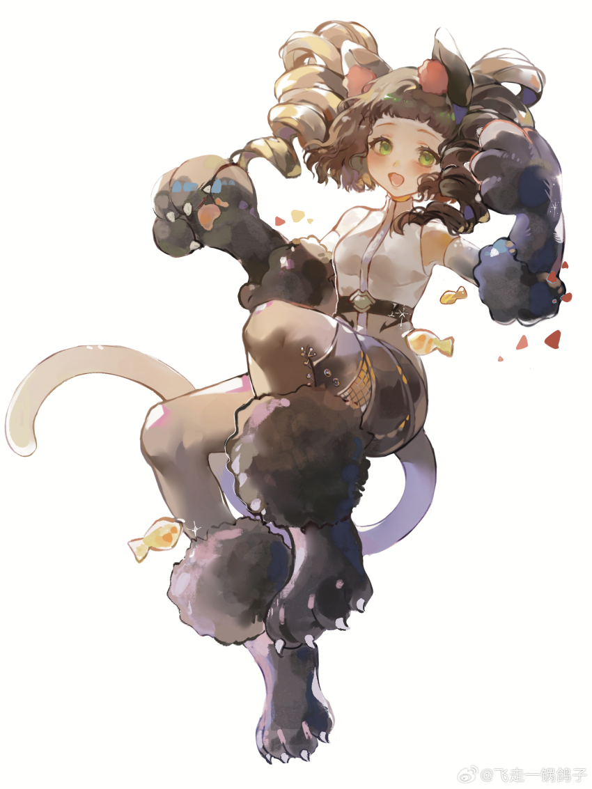 1girl :d absurdres animal_ears animal_hands bare_shoulders black_gloves black_hair black_pants black_tail breasts cat_ears cat_tail drill_hair fake_animal_ears fei_zou_yi_guo_gezi full_body gloves green_eyes hands_up highres jumping kanjira knees_up leather leather_pants leotard looking_at_viewer medium_hair official_alternate_costume open_mouth pants pants_under_leotard paw_gloves paw_shoes reverse:1999 sleeveless_turtleneck_leotard small_breasts smile solo tail twin_drills watermark weibo_watermark white_background white_leotard