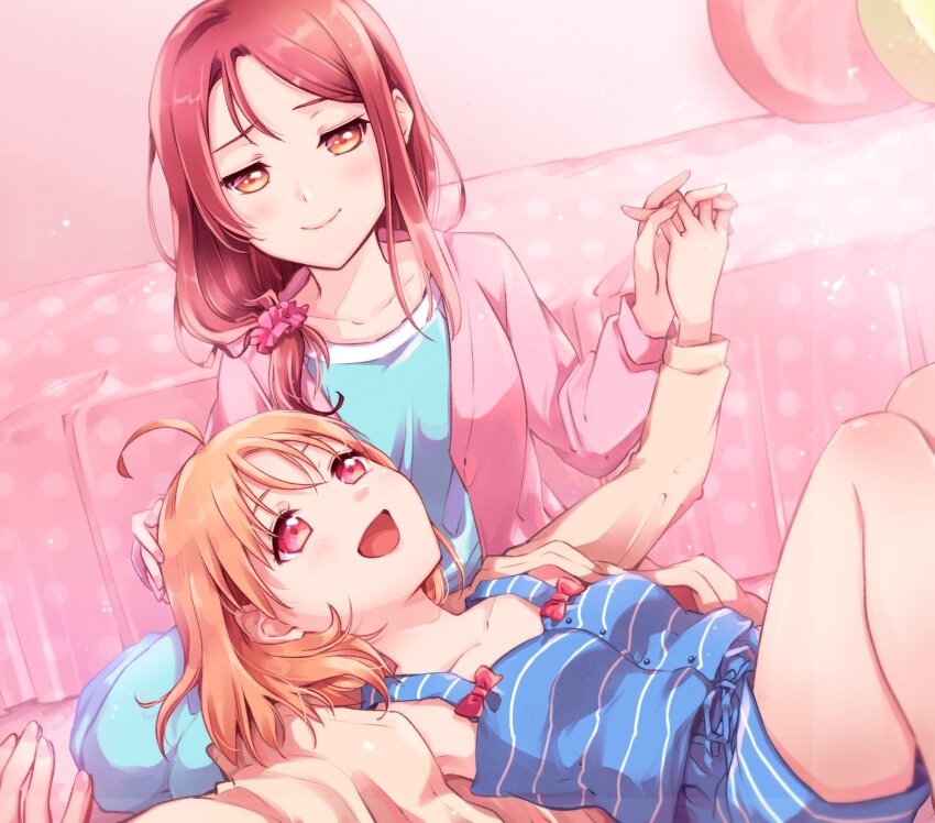 2girls :d ahoge blue_pajamas blue_shirt blush bow breasts brown_cardigan cardigan closed_mouth collarbone commission dutch_angle feet_out_of_frame hair_ornament hair_over_shoulder hair_scrunchie half-closed_eyes highres holding_hands interlocked_fingers jacket lap_pillow long_sleeves looking_at_another love_live! love_live!_sunshine!! low_side_ponytail lying medium_breasts medium_hair multiple_girls official_alternate_costume on_back open_cardigan open_clothes open_jacket open_mouth orange_hair pajamas pink_jacket pink_scrunchie pinstripe_pattern pinstripe_shirt pinstripe_shorts red_bow red_eyes red_hair sakurauchi_riko scrunchie shirt short_shorts shorts sidelocks sitting skeb_commission sleeveless sleeveless_shirt smile takami_chika yamada_ako yellow_eyes yokozuwari yuri