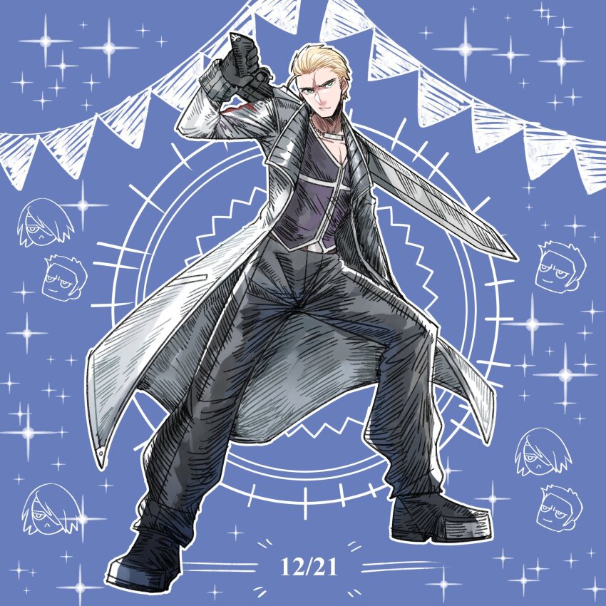 1boy black_boots black_gloves black_pants black_vest blonde_hair blue_background boots coat dated final_fantasy final_fantasy_viii full_body fuujin_(ff8) gloves grey_coat gunblade hair_slicked_back happy_birthday highres holding holding_weapon long_coat long_sleeves male_focus nnnmmg0725 over_shoulder pants pennant raijin_(ff8) scar scar_on_face seifer_almasy short_hair solo sparkle vest weapon weapon_over_shoulder