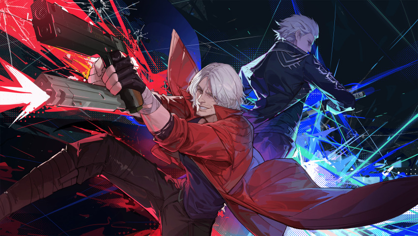 2boys black_coat black_pants blue_shirt coat commentary_request dante_(devil_may_cry) devil_may_cry_(series) devil_may_cry_5 drawing_sword dual_wielding grey_hair gun handgun highres holding holding_gun holding_sword holding_weapon katana kuroduki looking_at_viewer multiple_boys pants red_coat scabbard sheath shirt short_hair smile sword unsheathing vergil_(devil_may_cry) weapon white_hair